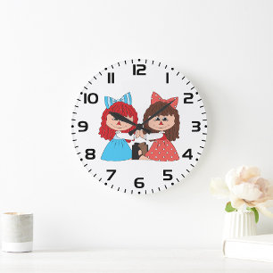 Cute Rag Doll Friends Girls with Bows and Dresses Large Clock
