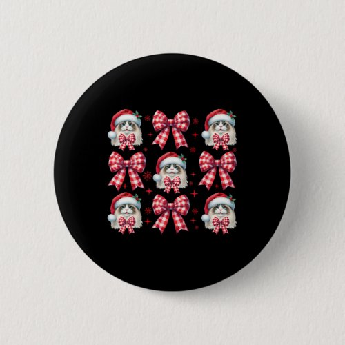 Cute Ragdoll Cat Red Plaid Coquette Bow Christmas  Button