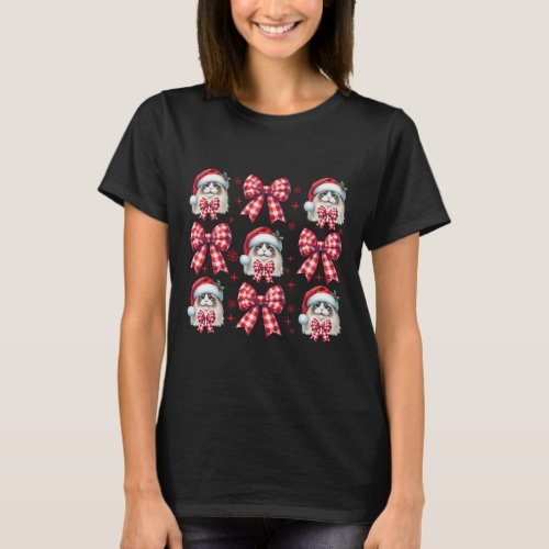 Cute Ragdoll Cat Red Plaid Coquette Bow Christmas  T_Shirt