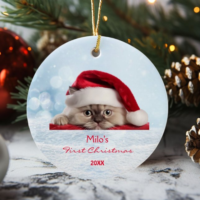 Cute Ragdoll Cat Santa Hat Paw Snow Personalized  Ceramic Ornament (Creator Uploaded)