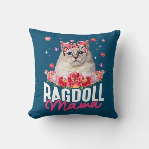 Cute Ragdoll Mama Flower Bandana Cat Lover Throw Pillow