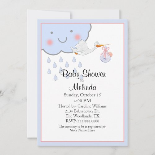 Cute Rain Cloud and Stork Baby Shower Invitation