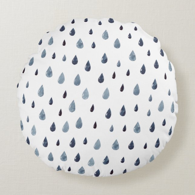 Cute rain. Watercolor seamless pattern. Indigo rai Round Pillow (Front)