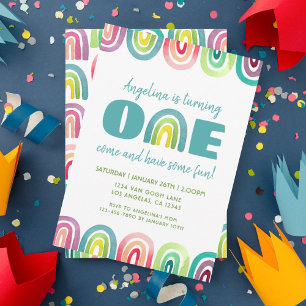 Cute Rainbow 1st Birthday Party Watercolor Invitation