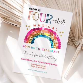 Cute Rainbow 4th birthday FOUR ever Magical  Invitation