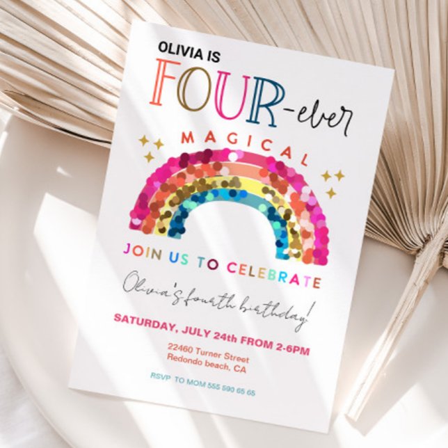 Cute Rainbow 4th birthday FOUR ever Magical  Invitation (Cute Rainbow Four ever magical birthday invitation)