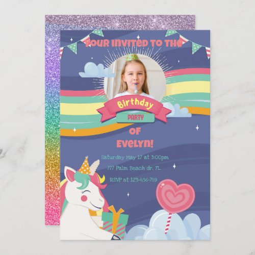 Cute Rainbow Add Photo Unicorn Birthday Invitation