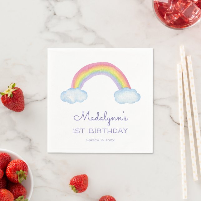 Cute Rainbow and Clouds With Purple Birthday Napkins (Insitu)