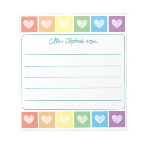 Cute Rainbow And Hearts Teacher Name Notepad