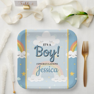 Cute Rainbow and Sleeping Cloud Baby Shower Paper Plates