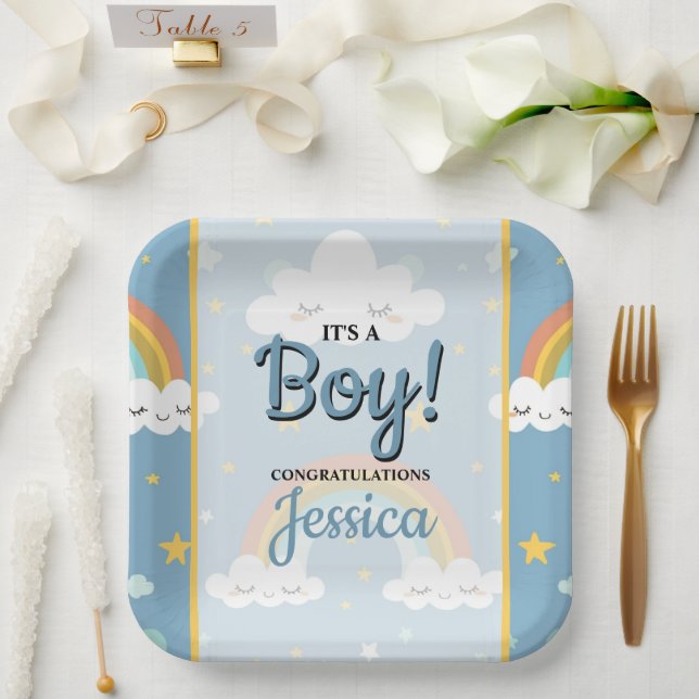 Cute Rainbow and Sleeping Cloud Baby Shower Paper Plates (Wedding)