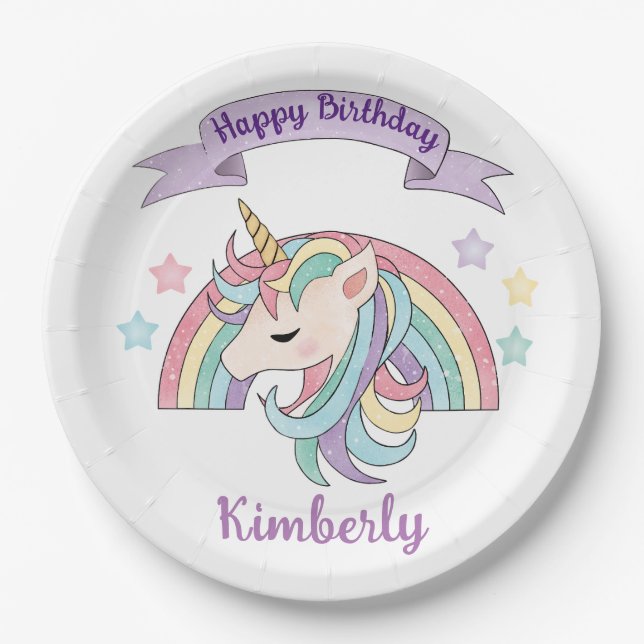 Cute Rainbow and Sparkly Unicorn Birthday Party Paper Plates (Front)