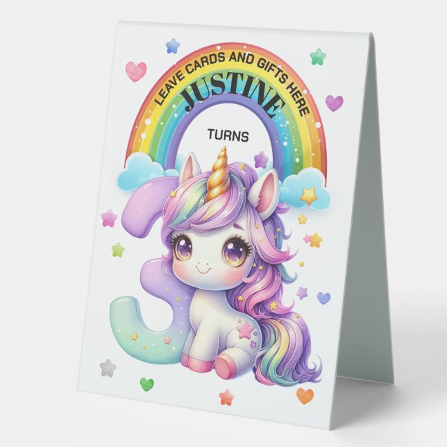Cute Rainbow and Unicorn 3rd Birthday Party Table Tent (Front)