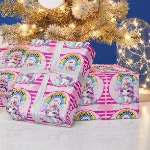 Cute Rainbow and Unicorn 3rd Birthday Wrapping Paper