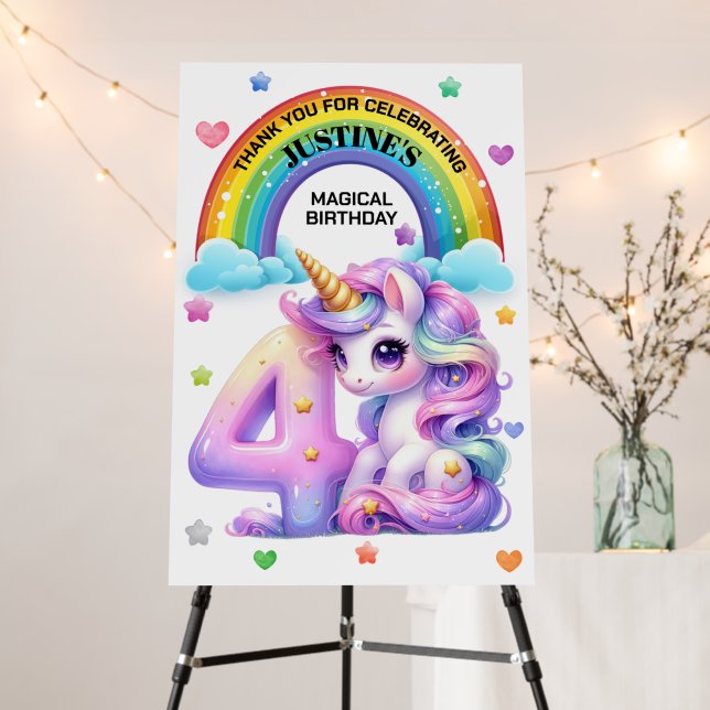 Cute Rainbow and Unicorn 4th Birthday Party Foam Board (In Situ (Stand))