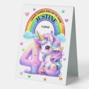 Cute Rainbow and Unicorn 4th Birthday Table Tent