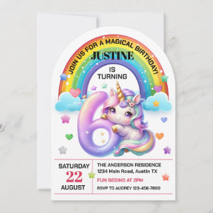 Cute Rainbow and Unicorn 6th Birthday Party Invitation