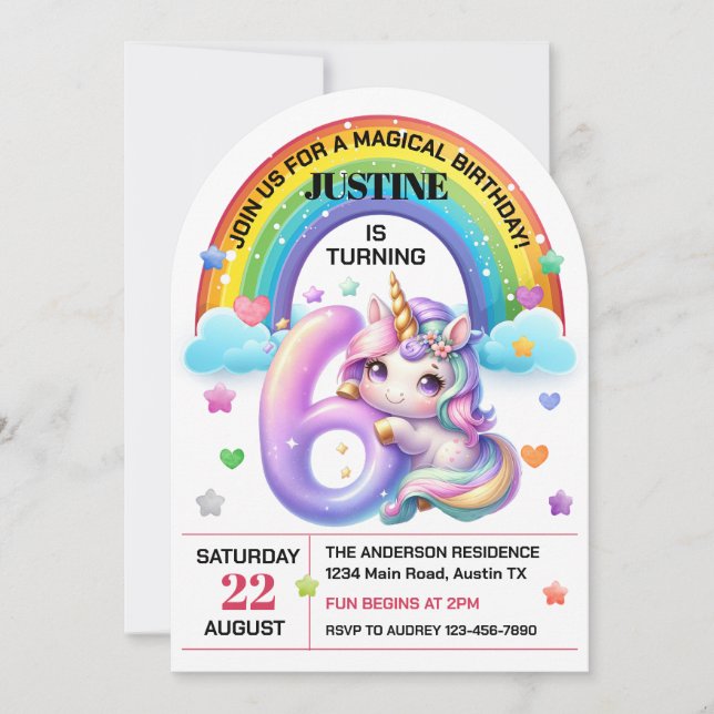Cute Rainbow and Unicorn 6th Birthday Party Invitation (Front)