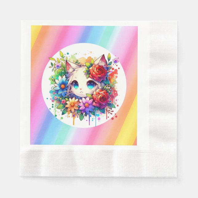 Cute Rainbow Anime Cat Birthday Cake Napkins (Front)