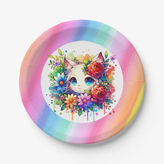 Cute Rainbow Anime Cat Birthday Cake Personalized Paper Plates (Front)