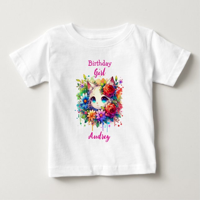 Cute Rainbow Anime Cat Birthday Girl Personalized Baby T-Shirt (Front)