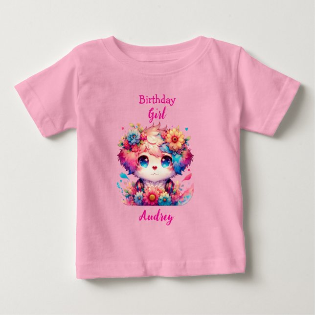 Cute Rainbow Anime Dog Birthday Girl Personalized Baby T-Shirt (Front)