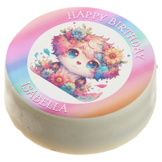 Cute Rainbow Anime Dog Personalized Birthday Chocolate Covered Oreo (Angled)