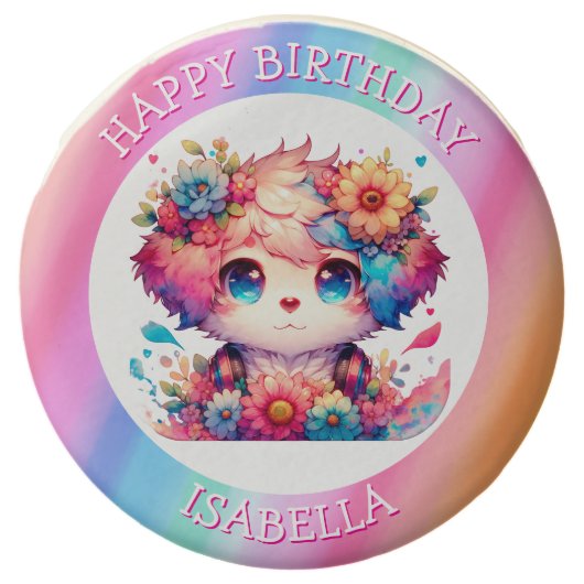 Cute Rainbow Anime Dog Personalized Birthday Chocolate Covered Oreo (Front)