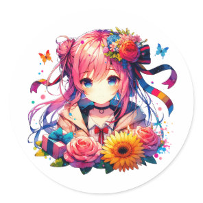 Cute Rainbow Anime Girl and Kitten Birthday Party Classic Round Sticker