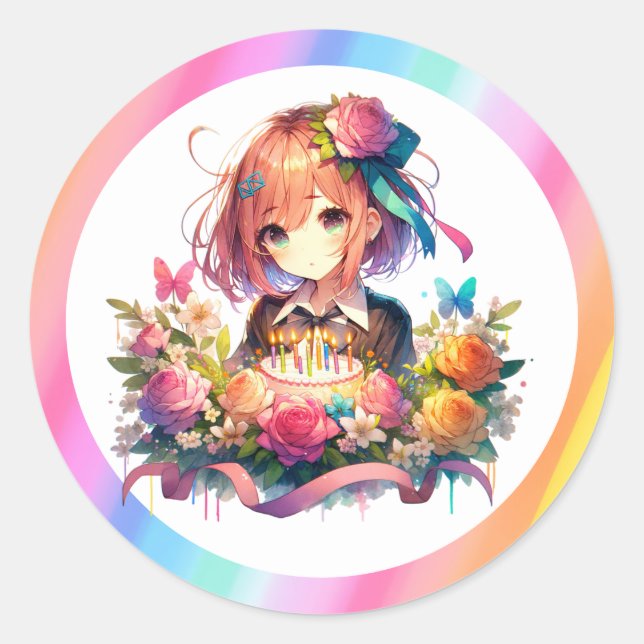 Cute Rainbow Anime Girl Birthday Cake  Classic Round Sticker (Front)