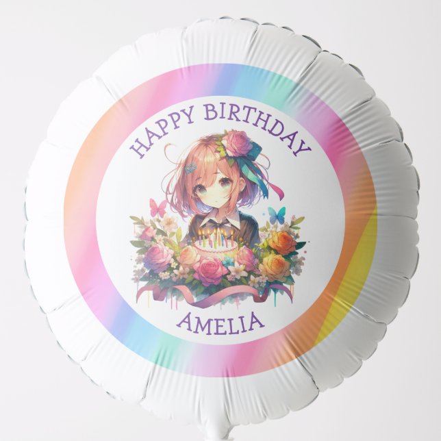 Cute Rainbow Anime Girl Birthday Cake Personalized Balloon (Front)