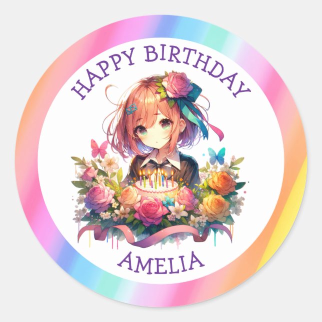 Cute Rainbow Anime Girl Birthday Cake Personalized Classic Round Sticker (Front)