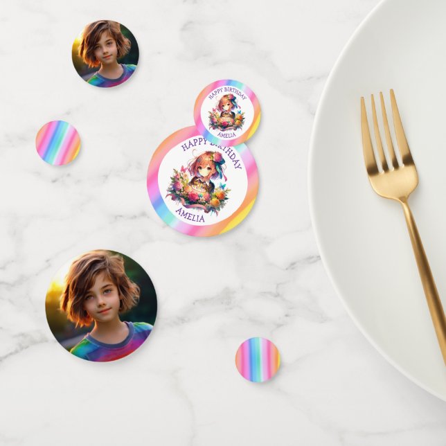 Cute Rainbow Anime Girl Birthday Cake Personalized Confetti (Group)