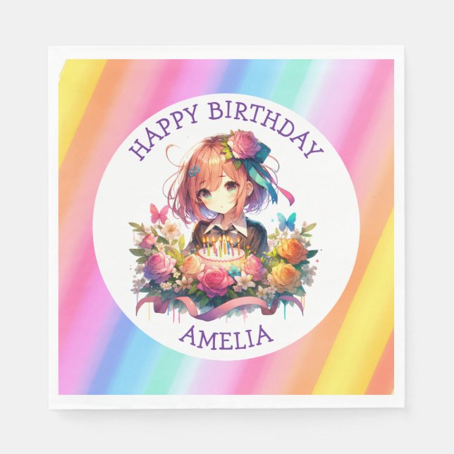 Cute Rainbow Anime Girl Birthday Cake Personalized Napkins (Front)