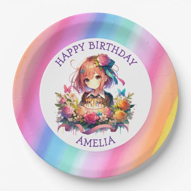 Cute Rainbow Anime Girl Birthday Cake Personalized Paper Plates (Front)
