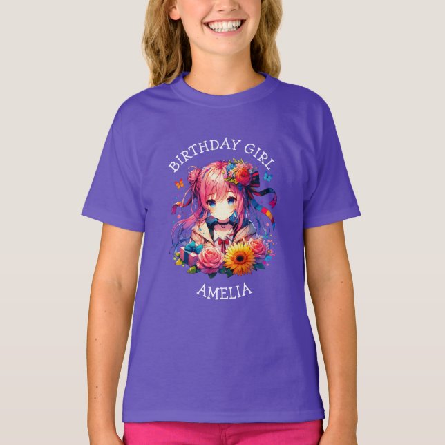 Cute Rainbow Anime Girl Birthday Girl Personalized T-Shirt (Front)