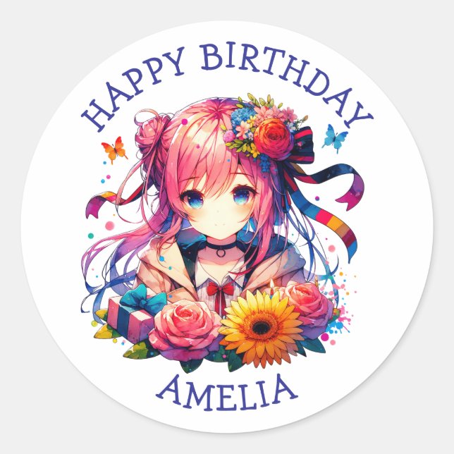 Cute Rainbow Anime Girl Birthday Personalized Classic Round Sticker (Front)