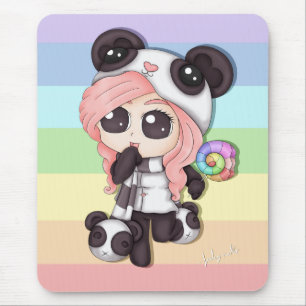 Cute Rainbow Anime Panda Girl Mouse Pad