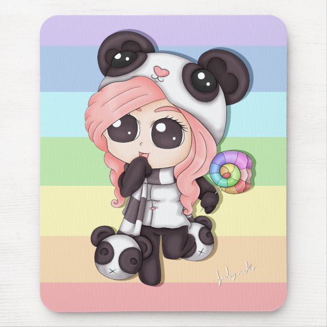 Cute Rainbow Anime Panda Girl Mouse Pad (Front)