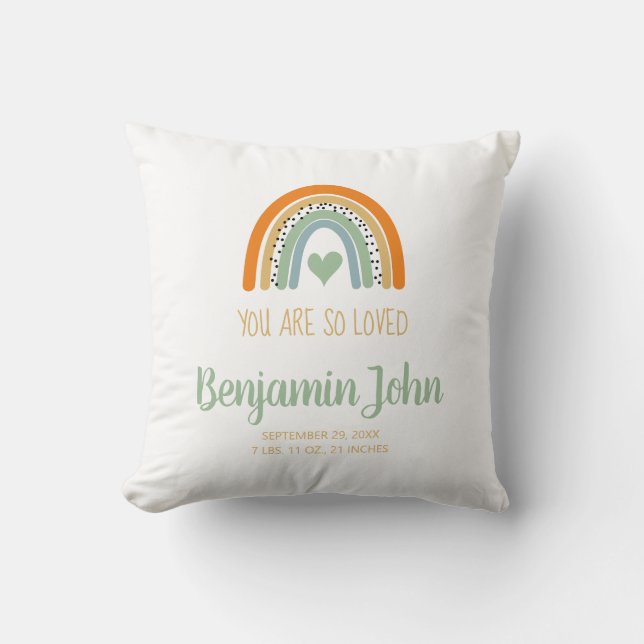 Cute Rainbow Baby Boy Birth Announcement Throw Pillow (Front)