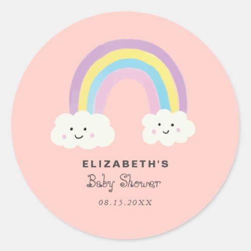 Cute Rainbow Baby Shower Girl Pink Kawaii Modern Classic Round Sticker
