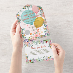 Cute rainbow Balloon watercolor floral baby shower All In One Invitation