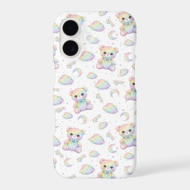Cute Rainbow Bear and Pastel Clouds Pattern iPhone Case (Back)