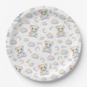 Cute Rainbow Bear and Pastel Clouds Pattern Paper Plates
