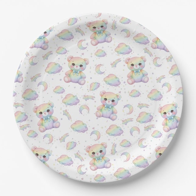 Cute Rainbow Bear and Pastel Clouds Pattern Paper Plates (Front)