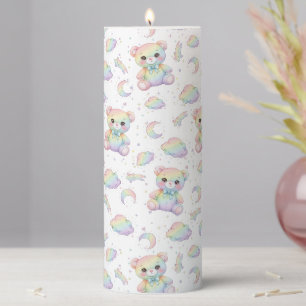 Cute Rainbow Bear and Pastel Clouds Pattern Pillar Candle