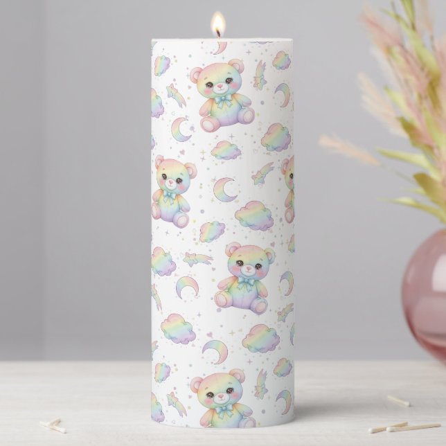 Cute Rainbow Bear and Pastel Clouds Pattern Pillar Candle (In Situ)