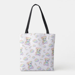 Cute Rainbow Bear and Pastel Clouds Pattern Tote Bag