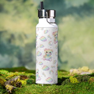 Cute Rainbow Bear and Pastel Clouds Pattern Water Bottle