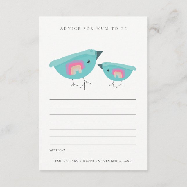 Cute Rainbow Blue Birdy Advise Mum Baby Shower Enclosure Card (Front)